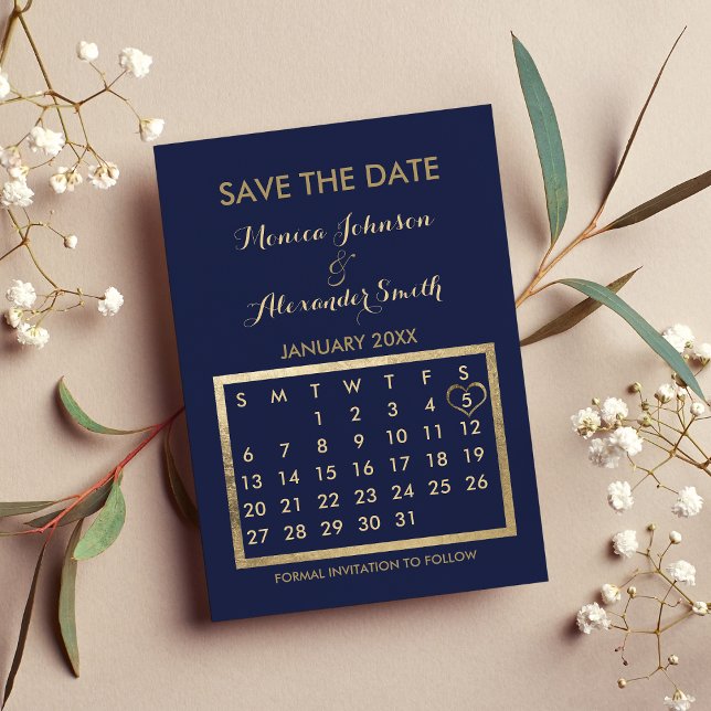 Luxury navy Blue Gold Calendar Save the Date Announcement Postcard (Luxury navy Blue Gold Calendar Save the Date )