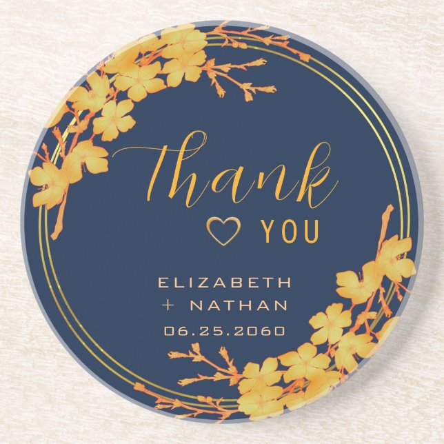 Luxury Navy Blue Gold Floral Wedding Thank You Coaster (Front)