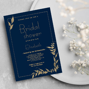 Luxury navy blue gold foliage Bridal Shower Invitation