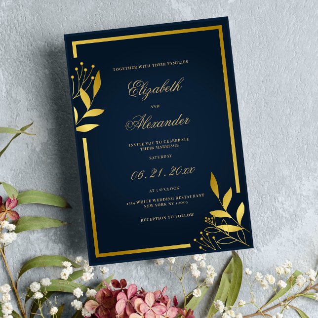 Luxury navy blue gold foliage floral wedding  invitation (Luxury navy blue gold foliage floral wedding )