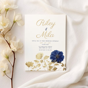 Luxury navy blue gold foliage flower Wedding Invitation