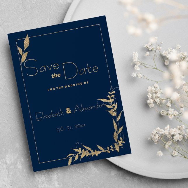 Luxury navy blue gold foliage Save the Date Invitation (Luxury navy blue gold foliage Save the Date )