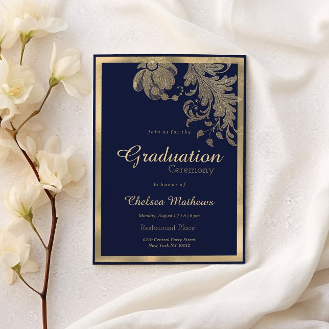 Luxury navy blue gold glitter flowers Graduation Invitation (Luxury navy blue gold glitter flowers Graduation)