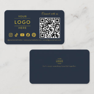 Luxury Navy Blue Gold QR Code Social Media Logo Business Card
