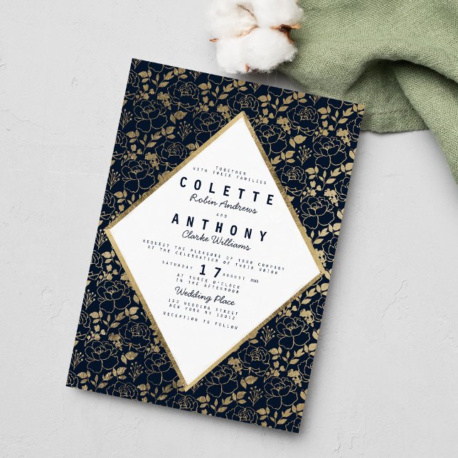 Luxury navy blue gold romantic floral wedding invitation (Luxury navy blue gold romantic floral wedding)