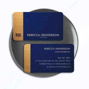 Luxury Navy Blue Leather Gold Accent Monogram  Business Card