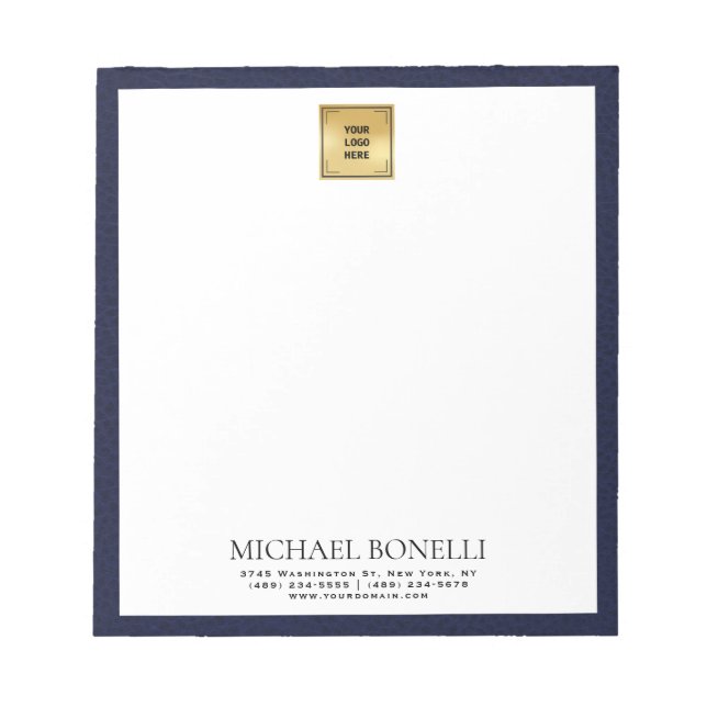Luxury Navy Blue Leather Square Logo professional Notepad (Front)