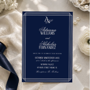Luxury Navy Blue Monogram Wedding Invitation