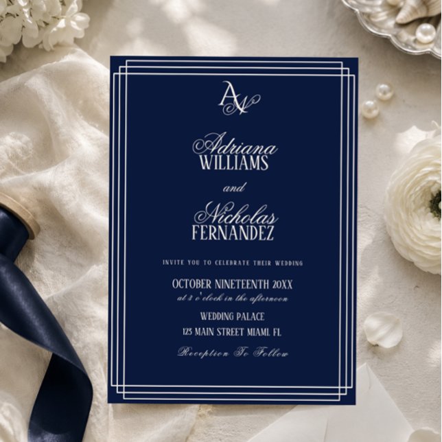 Luxury Navy Blue Monogram Wedding Invitation (Creator Uploaded)