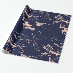 Luxury Navy Blue Rose Gold Foil Marble Wrapping Paper