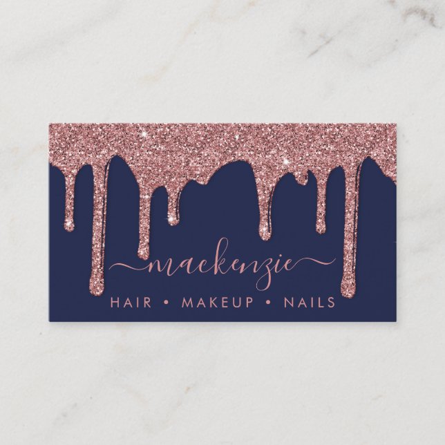 Luxury Navy Blue Rose Gold Sparkle Glitter Drips Business Card (Front)