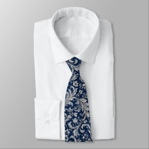 Luxury Navy Blue & Silver Damask Seamless Pattern  Tie