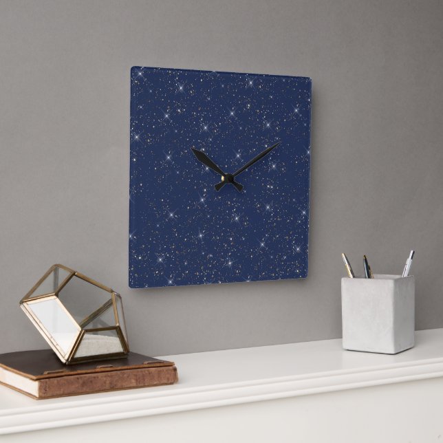 Luxury navy blue sparkle gold glitter pattern square wall clock (Office)