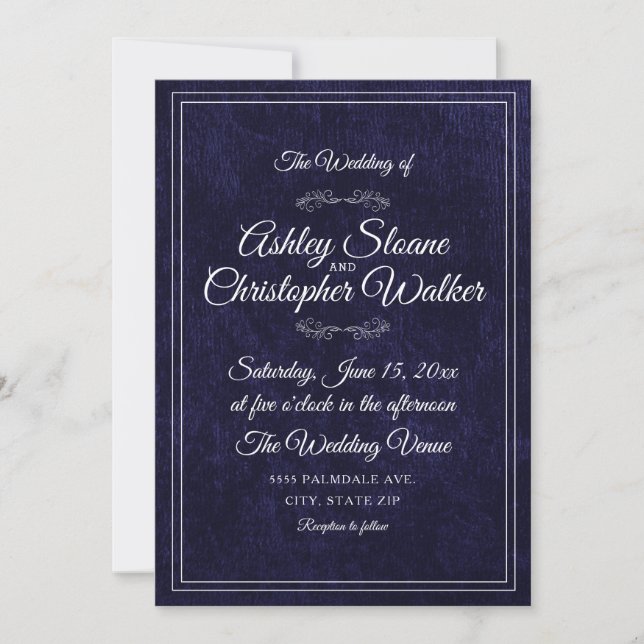 Luxury Navy Blue Velvet White Monogram QR code Invitation (Front)