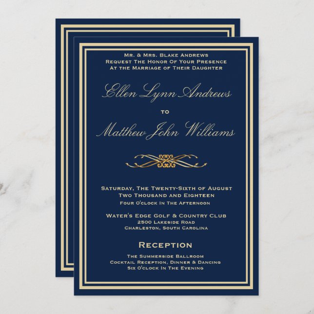Luxury Navy Blue - Wedding Invitation - Gold Trim (Front/Back)