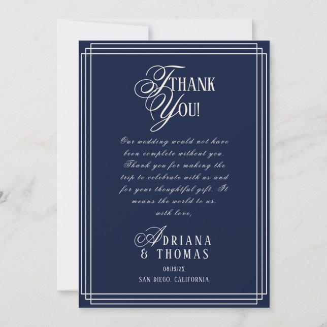 Luxury Navy Blue Wedding Thank You Card (Front)