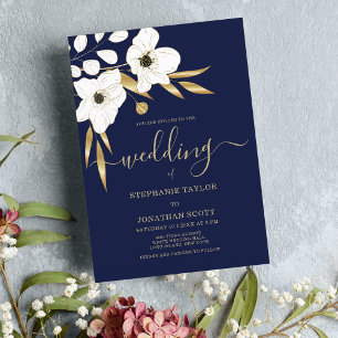 Luxury navy blue white gold floral wedding invitation