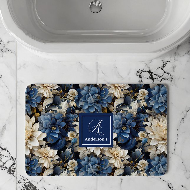 Luxury Navy Flowers Custom Name Floral Bath Mat (Luxury Navy Flowers Custom Name Floral Bath Mat)