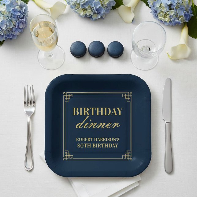 Luxury Navy & Gold 80th Birthday Party Paper Plate (Creator Uploaded)
