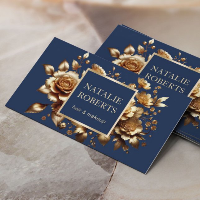 Luxury Navy & Gold Floral Beauty Salon & SPA Business Card (Creator Uploaded)