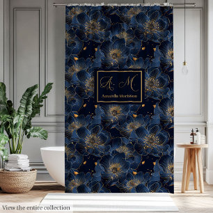 Luxury Navy Gold Floral Pattern Curtain Bathroom