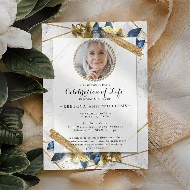 Luxury Navy Gold Photo Celebration of Life Invitation (Creator Uploaded)