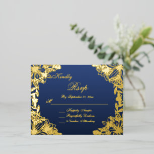 Luxury Navy Gold Script Wedding RSVP Card