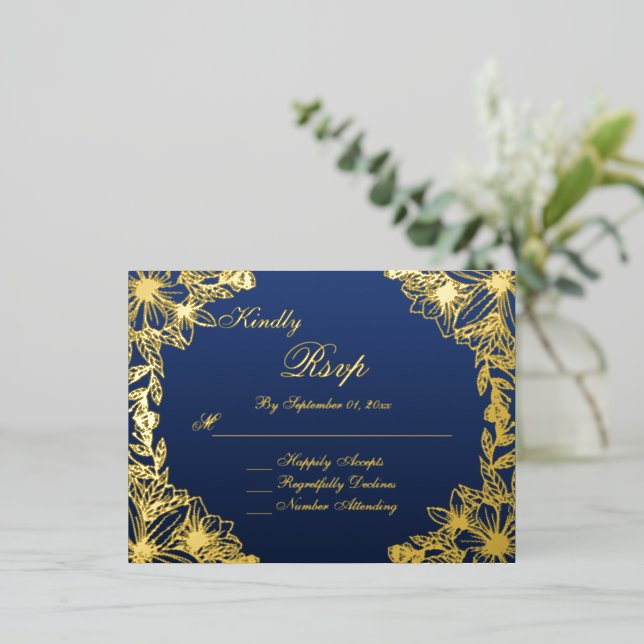 Luxury Navy Gold Script Wedding RSVP Card (Standing Front)