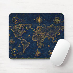 Luxury Navy Gold Vintage World Map Pattern Mouse Pad