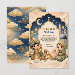 Luxury Navy Golden Cute Kids Eid Mubarak Family Thank You Card
