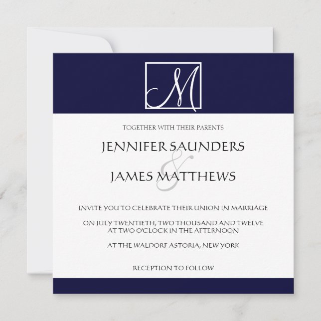 Luxury Navy Monogram Initial Wedding Invitation (Front)