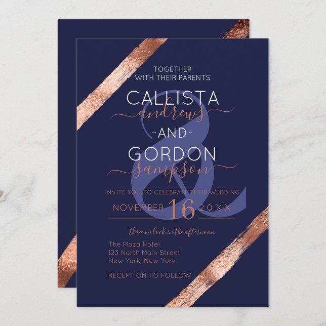 Luxury Navy Rose Gold Brushstroke Frame Wedding Invitation (Front/Back)