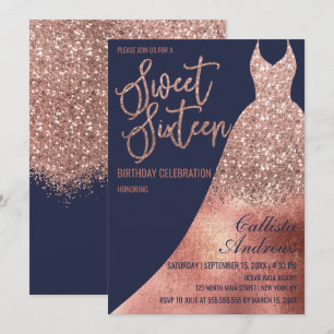 Luxury Navy Rose Gold Glitter Dress Sweet 16 Invitation