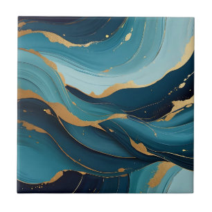 Luxury Navy Teal Gold Fluid Abstract Pattern Ceramic Tile