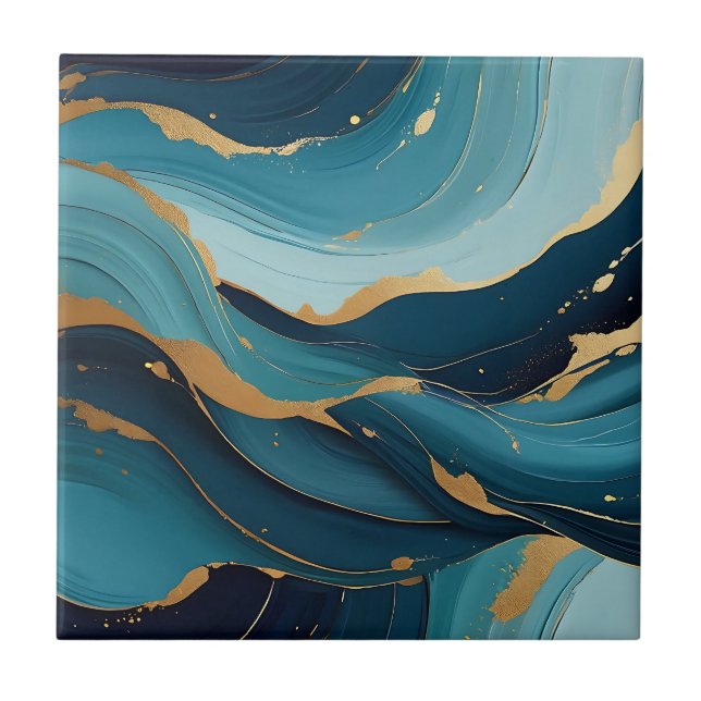Luxury Navy Teal Gold Fluid Abstract Pattern Ceramic Tile (Front)