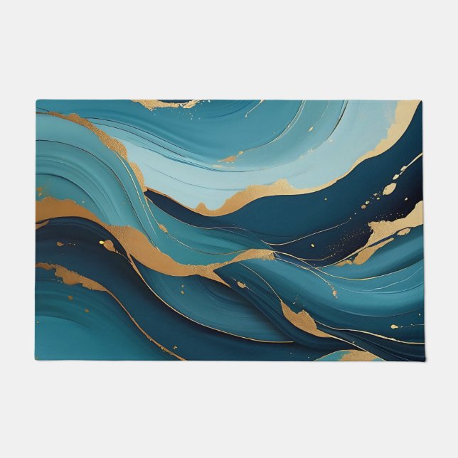 Luxury Navy Teal Gold Fluid Abstract Pattern Doormat (Front)