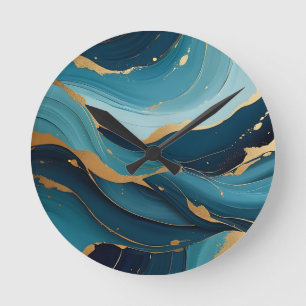 Luxury Navy Teal Gold Fluid Abstract Pattern Round Clock