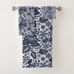 LUXURY NAVY WHITE LACE BATHROOM TOWEL SET