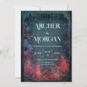 Luxury Nebula Teal Magenta Fire Floral Wedding Invitation