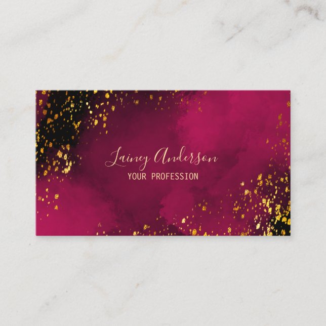 Luxury neon pink black and faux gold foil glitter business card (Front)