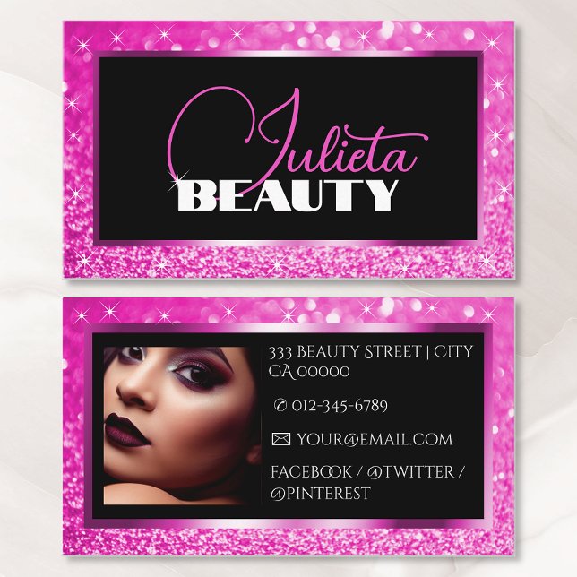 Luxury Neon Pink Sparkle Glitter Photo Template  Business Card (Creator Uploaded)