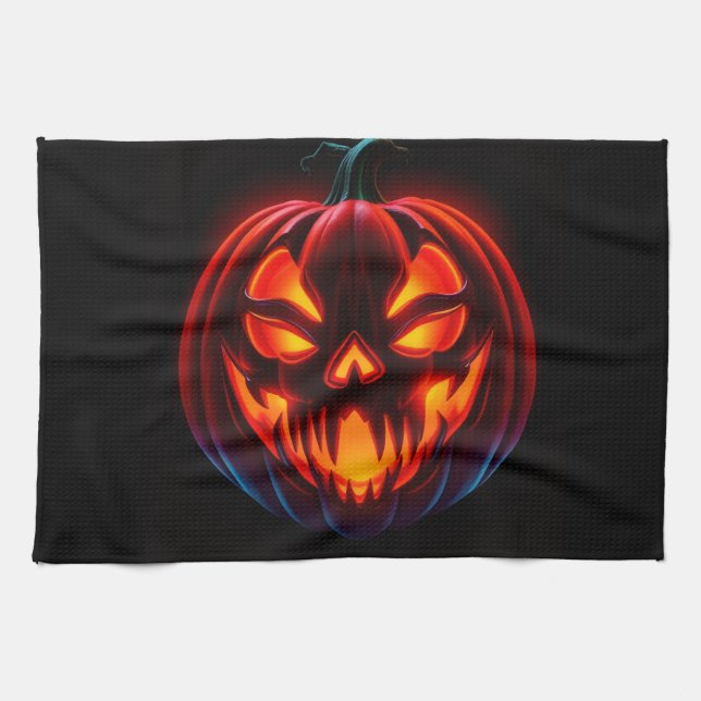 Luxury Neon Pumpkin Halloween Kitchen Towel (Horizontal)