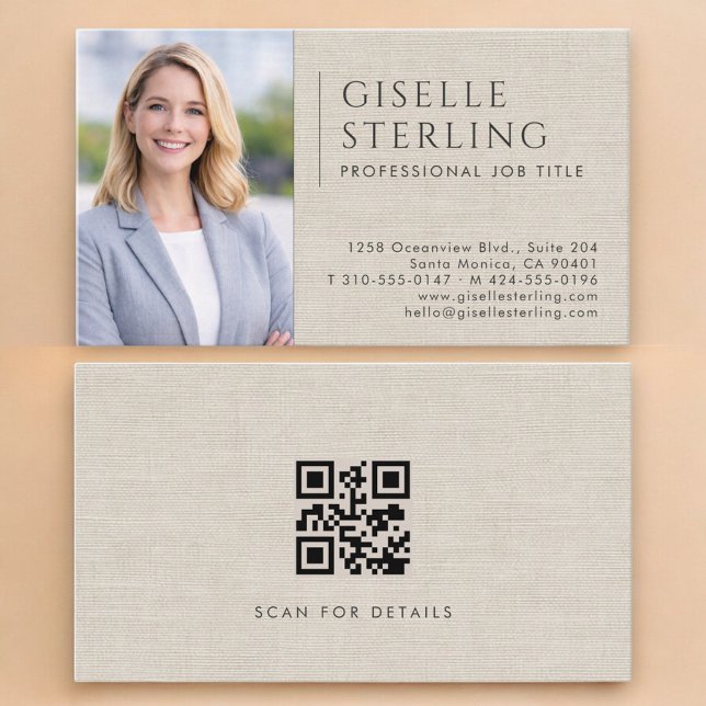 Luxury Neutral Linen Photo QR Code Business Card (Creator Uploaded)