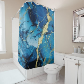 Luxury Ocean Blue Marble Gold Kintsugi Agate Shower Curtain