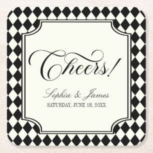 Luxury Old Money Black Ivory Vintage Wedding Square Paper Coaster
