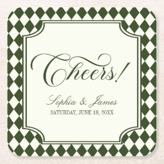 Luxury Old Money Olive Green Ivory Vintage Wedding Square Paper Coaster