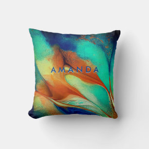 Luxury orange aqua faux gold glitter marble art  cushion