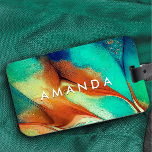 Luxury orange aqua faux gold glitter marble art  luggage tag
