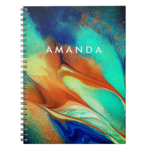 Luxury orange aqua faux gold glitter marble art notebook