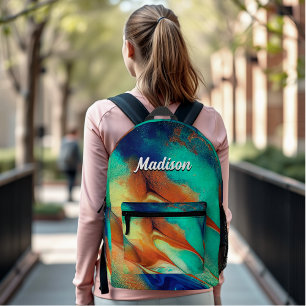 Luxury orange aqua faux gold glitter marble art printed backpack